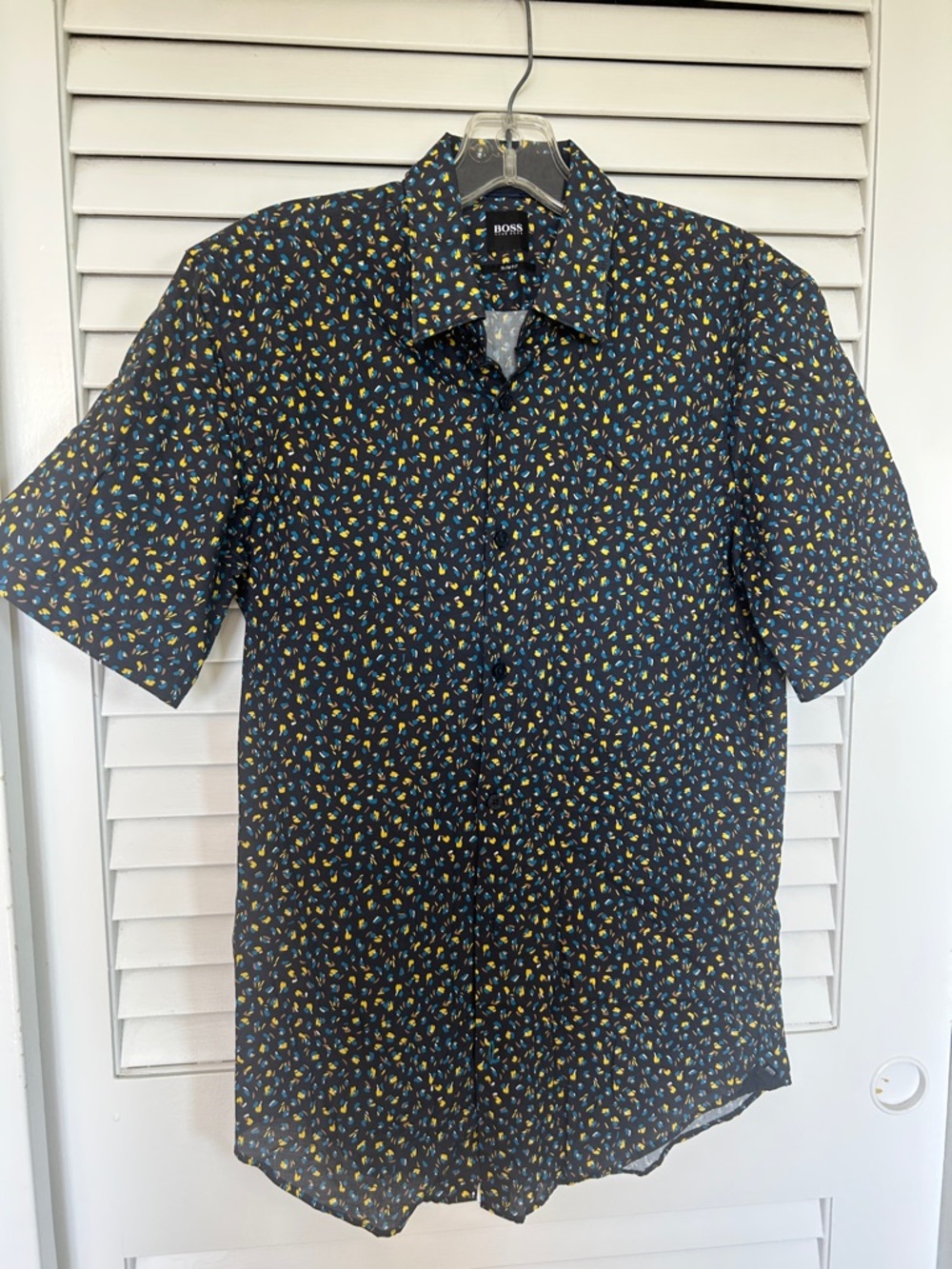 BOSS Navy Blue Short-Sleeve Button-Down Shirt with Yellow and Blue Floral Print
